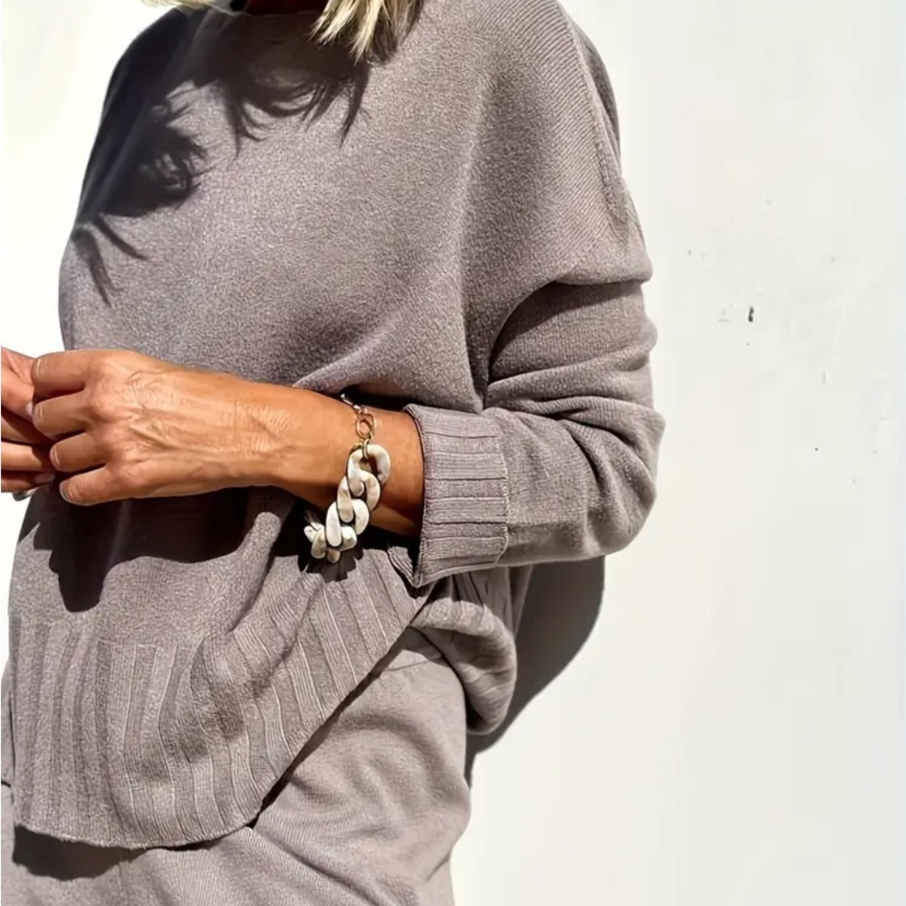 Tan Crew Neck Sweater with Relaxed Fit and Dropped Shoulders